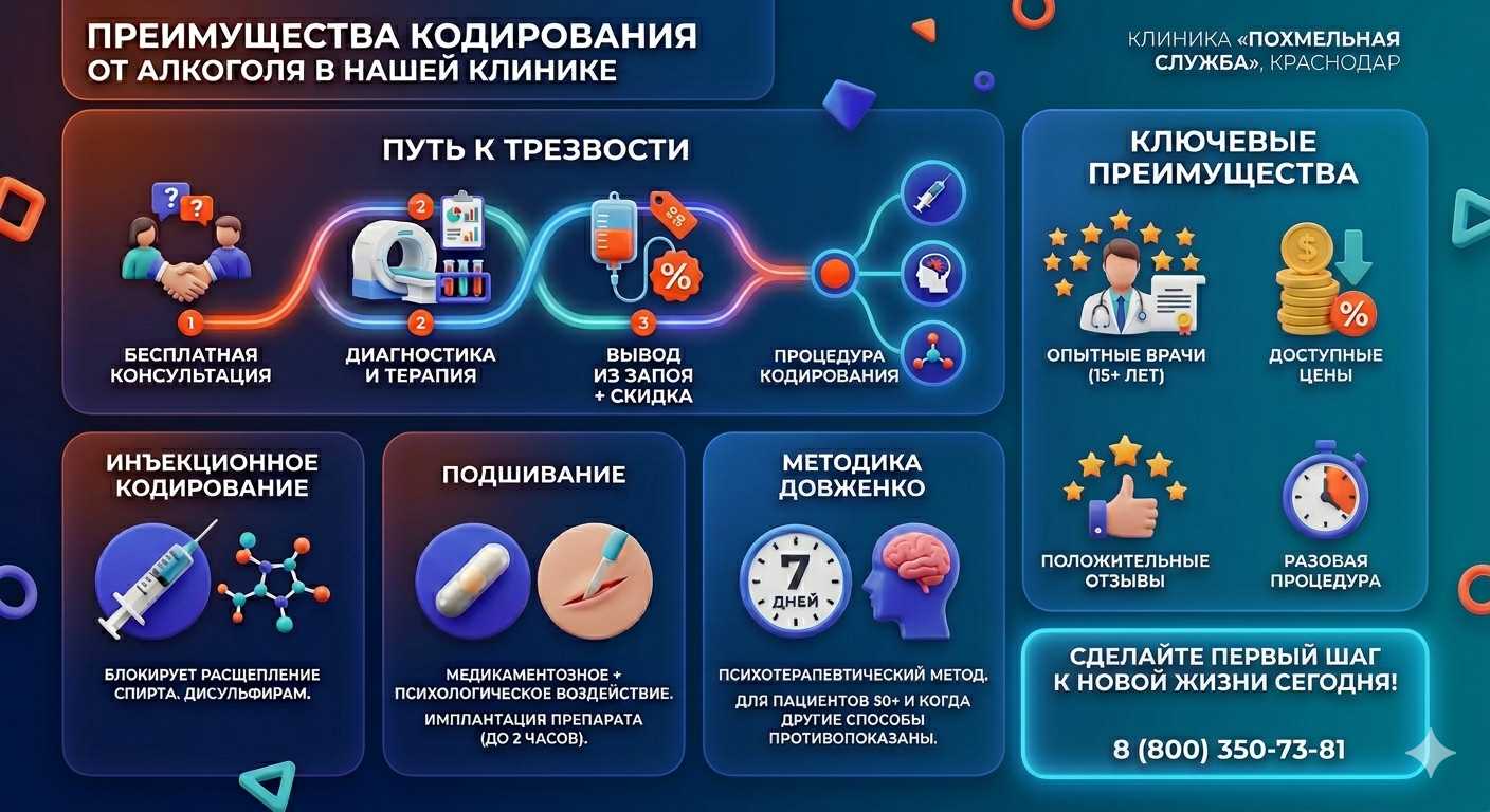 Инфографика о методах кодирования от алкоголя в Култаево: инъекции, подшивание, метод Довженко. Преимущества клиники и этапы лечения.
